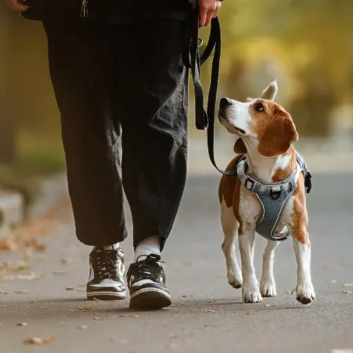 A beagle on a leash walking beside its owner