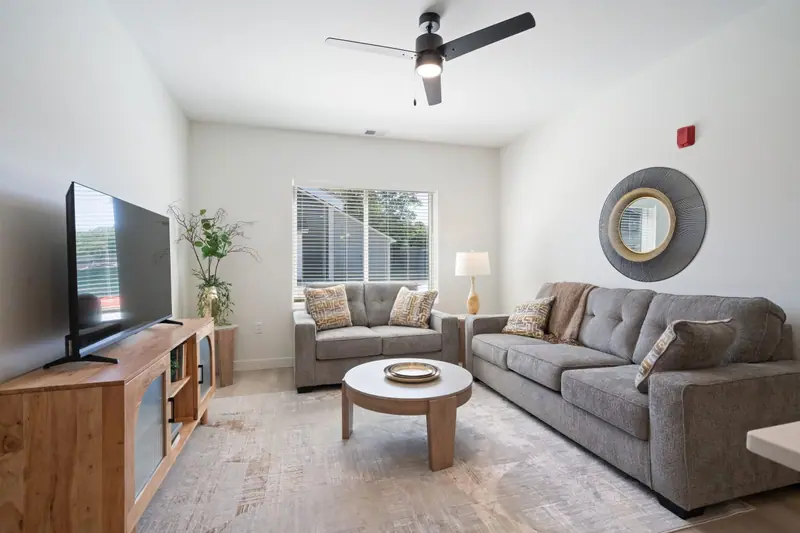 Living room with sofa, loveseat and TV console