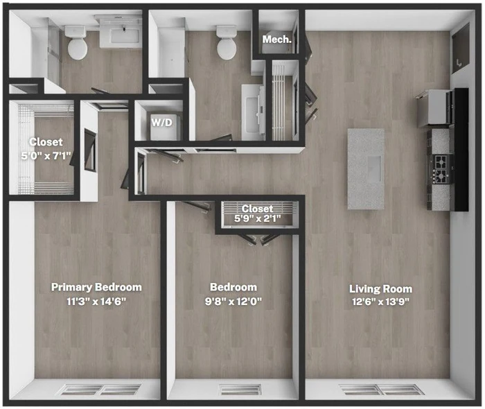 2 bedroom, 2 bath floor plan at District Flats